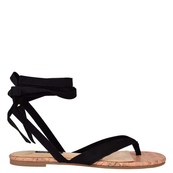 Nine West Tiedup Ankle Wrap Black Flat Sandals | South Africa 36O87-5Y79